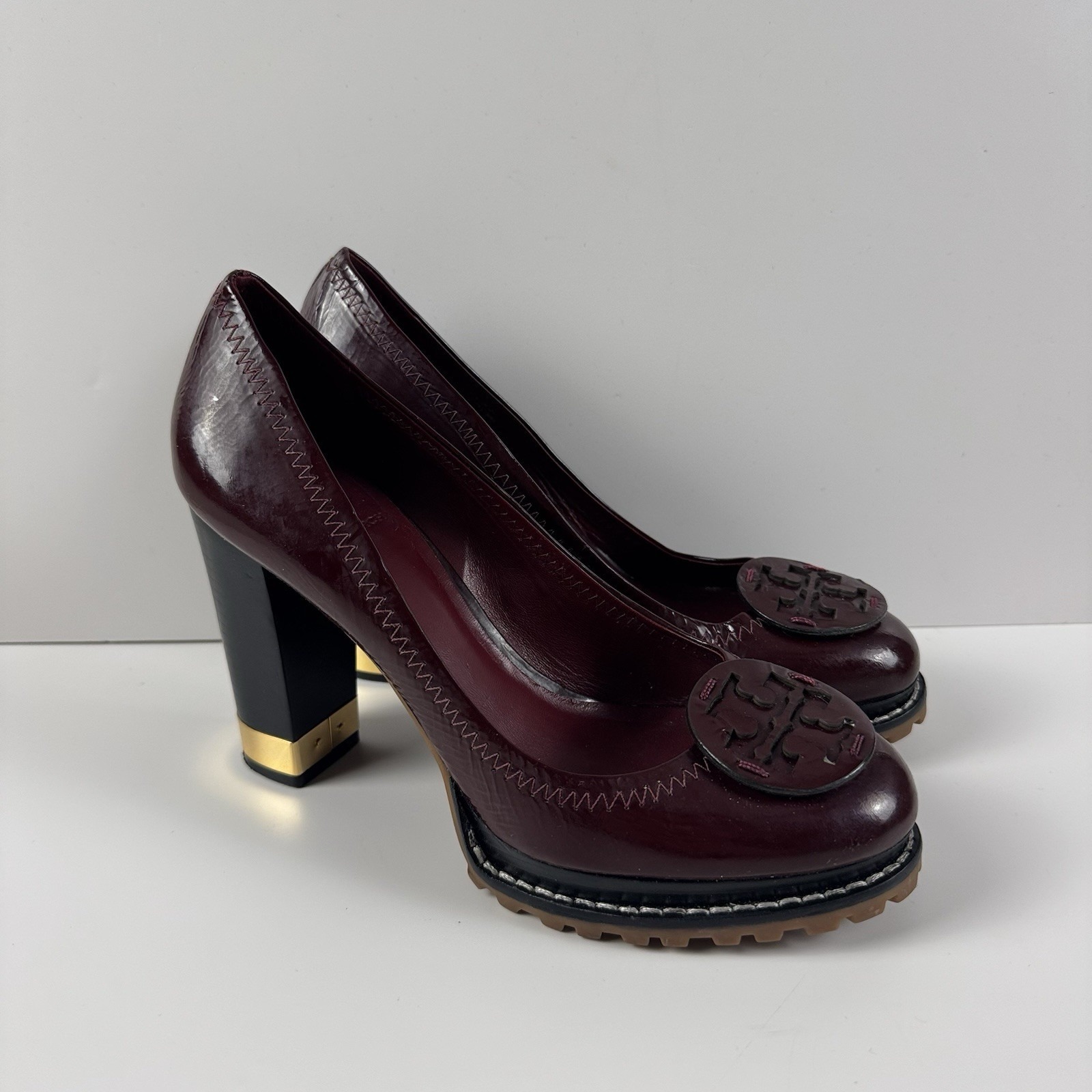 Tory Burch Leanne Burgundy Leather Lug Sole Block Heel Pump Size 7.5